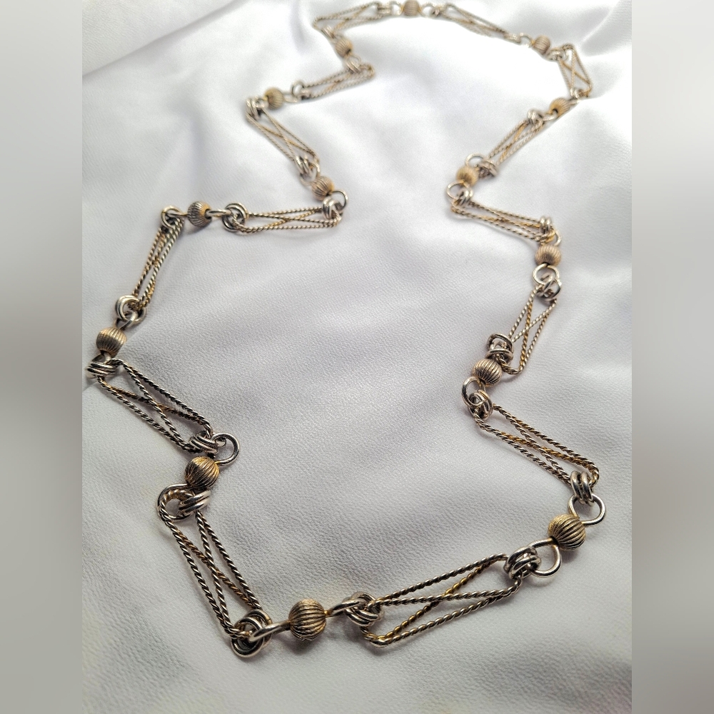 Unique Vintage Long Two-Tone Necklace With Metal Bead Accents